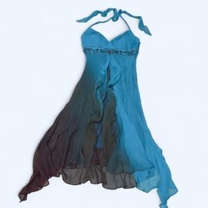 Y2K Cache' aqua ombré silk beaded halter layered fairy‎ dress
